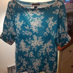 Karen Scott Turquoise Floral Boatneck Blouse